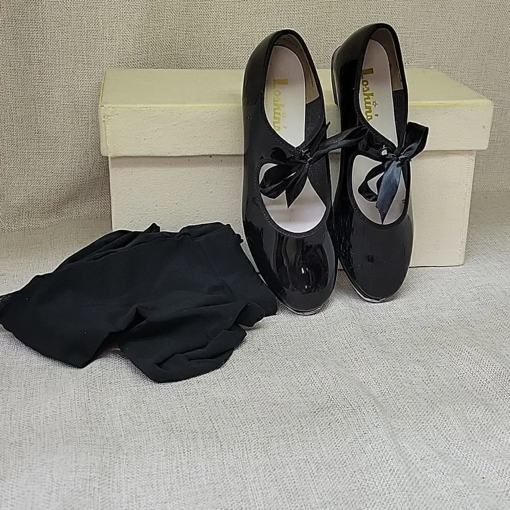 Loshin's‎ girls tap shoes sz 1 1/2 M plus a pr of black tights